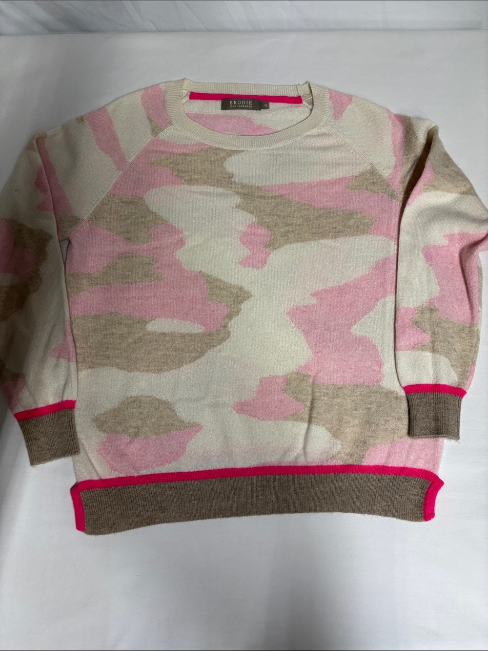 Brodie Fine Cashmere 100% Cashmere Camo Sweater Women's Small Pink Cream Made in